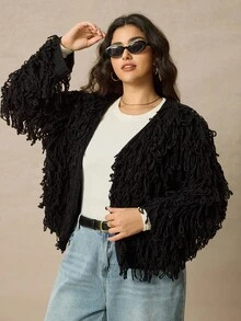 Juhart 大码纯色流苏开衫，适合通勤 - 黑色 - 查看 1