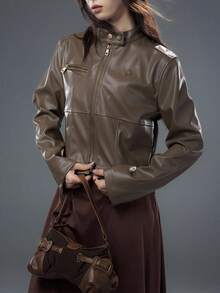 Bloopia Retro American Mirage Chic PU Leather Jacket For Women,High Neck Cropped Autumn Jacket,All Shades Of Brown Night Out Halloween Minimalist - Brown - View 9