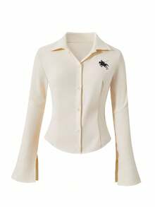 Teen Girl Casual Versatile Minimalist Shirt, With Black Knight Graphic On Chest And Curved Hem, Suitable For Outings, Shopping, School, Commuting, Can Be Paired With Jackets, Coats, Pants Fall Winter - Apricot - View 4
