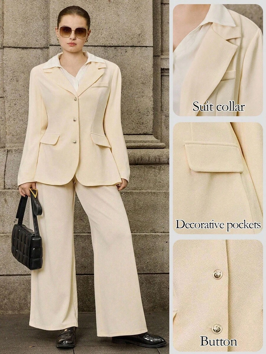 Calvaya Plus Size Women 2 Pieces Set,White,Autumn,Elegant,Semi Formal Office Wear Long Sleeve Button Suit Jacket And Straight Leg Pants Business Casual Outfit - Apricot - View 1