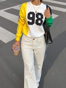 SHEIN MOOSTA Áo nỉ tay dài tay dáng rộng, phối màu, in khẩu hiệu, kiểu dáng mùa thu. - Nhiều màu - Xem 3