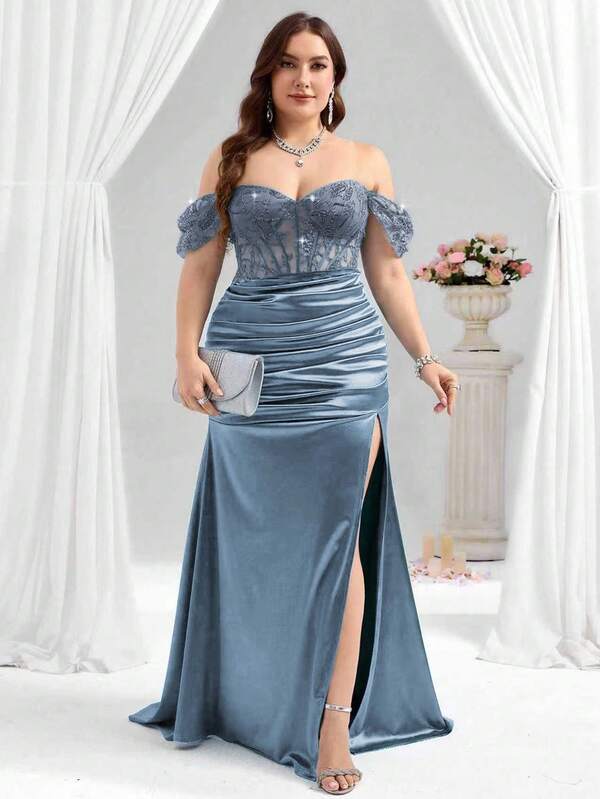 Coutiva Vestido de noche elegante y sexy con sección superior transparente, bordado de lentejuelas de peonía, dobladillo de satén plisado con abertura alta en la cadera, dobladillo de sirena, ideal para invitados de boda, ceremonia de graduación