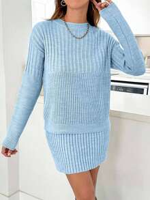 EURMUSE Casual Rib Knit Sweater & Mini Rib Knit Sweater Skirt Co-Ords - Baby Blue - View 5