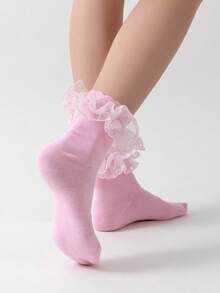 ROMWE Kawaii Women's Fashionable Mid-Calf Socks With Hollow Ruffled Design - gouache - View 2