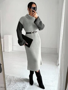 EURMUSE 拼色休闲宽松长袖高领女式毛衣连衣裙 - 灰色 - 查看 5