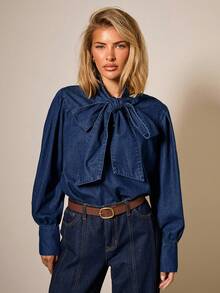 COSMINA 女式系带长袖休闲牛仔衬衫 - 藍色 - 查看 4