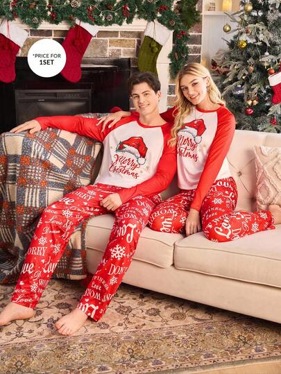 CoupledUp Men Coupled Up Red Contrast Raglan Christmas Hat Graphic Tee And Pants Pajama Set, Christmas Couples Outfit, Fall Winter Clothes