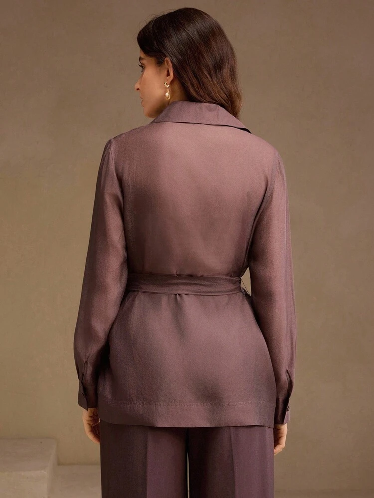 Damska, prześwitująca, modernistyczna marynarka w kolorze Mocha, dopasowana do talii, odpowiednia do wiosennych stylizacji, letnich ubrań, klasycznych, eleganckich, na studniówkę, na co dzień, do pracy