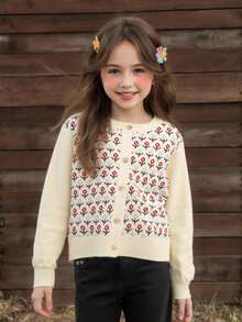 Fashionable Cute All-Over Floral Pattern Long Sleeve Knitted Cardigan For Girls - Apricot - View 1