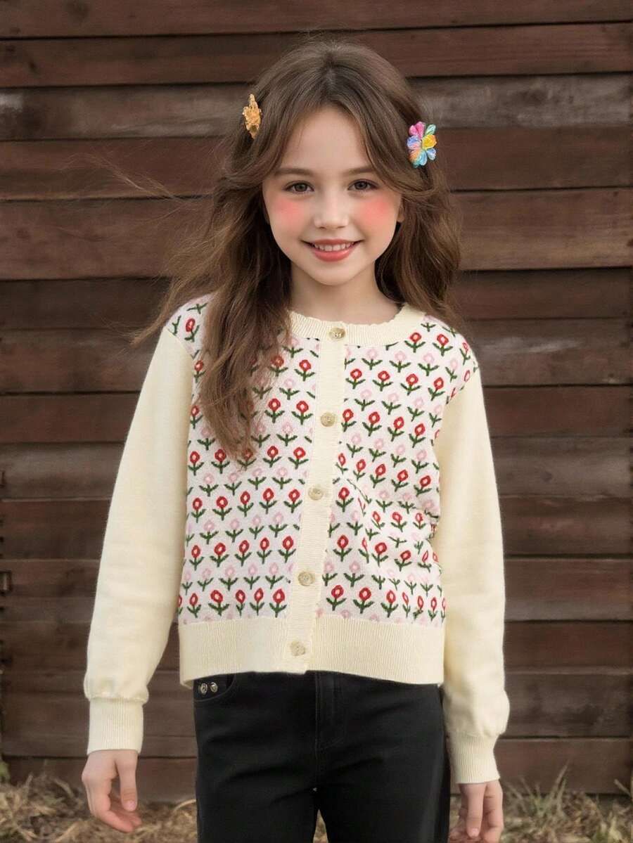 Fashionable Cute All-Over Floral Pattern Long Sleeve Knitted Cardigan For Girls - Apricot - View 1