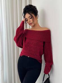 Elenzga Damen lässiger, weiter einfarbiger Pullover, Off-Shoulder, Langarm - Rot - Übersicht 4