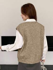 DAZY Women's Casual Loose Butterfly Embroidery V-Neck Sweater Vest, Autumn - Khaki - View 2