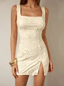 SHEIN BAE Vestido mini elegante de tirantes finos con abertura lateral y decoración floral 3D en color albaricoque, adecuado para otoño/invierno, vestido elegante, vestido de cumpleaños, vestido de fiesta, vestido para cita de San Valentín, vestido de dama de honor, vestido de invitada de boda - Albaricoque - Ver 7