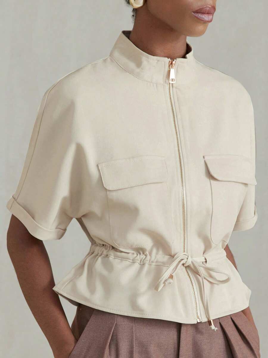 Aveloria Modichic Fashionable Short Utility Shirt, With Two Symmetrical Chest Pockets, Cinched Waist Design, Overall Neat And Practical - Beige - View 1