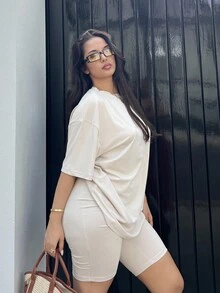 NegzBox Women Round Neck Drop Shoulder T-Shirt And Shorts Casual 2 Pieces Set,Summer Sets - Apricot - View 5