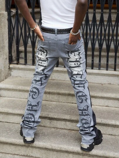 Street Life Jeans casuales de hombre con bolsillo con botón, estampado de retazos y capas