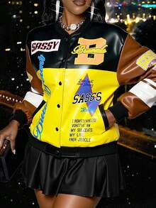 Slaydiva Áo khoác bóng chày phong cách Punk dạo phố hàng ngày, câu lạc bộ đêm, phong cách đầu thu mới 2025, logo họa tiết cổ điển, vai trễ, tay dài, dáng rộng, màu nâu đen và vàng, in họa tiết PU cho nữ - A - Nhiều màu - Xem 1