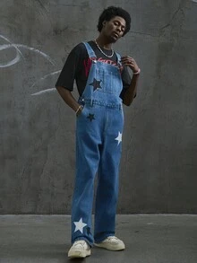 Manfinity ZONE917 Men's Casual Star Print Washed Blue Denim Bib Overalls, Streetwear Style, All Season Punk Regular Washed Blue Baggy Vacation Party For Thrashed Denim - Blue - View 4