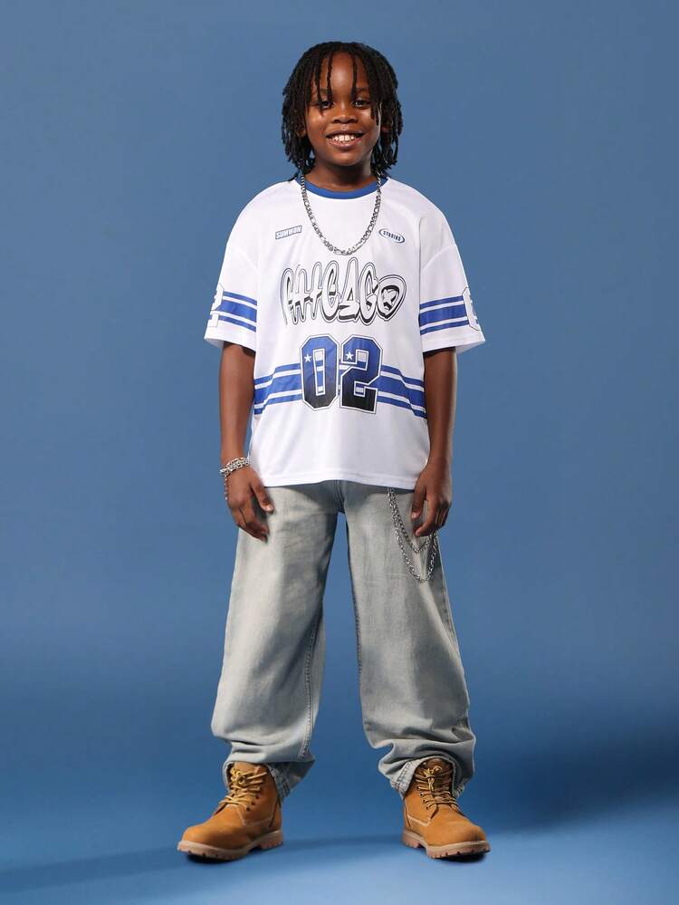 블루 저지 스트라이프와 소매 디테일이 있는 시카고 화이트 티셔츠