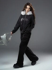 Bloopia韩国街头亚文化休闲时尚个性焕新女装秋冬万圣节新款星星水钻拼接宽松拉链连帽外套 - 黑色 - 查看 8