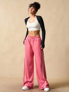 VARSIVA Women's Regular Pink Drawstring Waist Wide Leg Pants - Multicolor - View 5