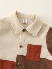 SHEIN 2 件儿童男童休闲日常百搭舒适撞色拼接翻领长袖开衫衬衫和直筒裤套装，适合学校、花园、海滩、生日、春季、夏季、秋季、冬季 - 彩色 - 查看 6