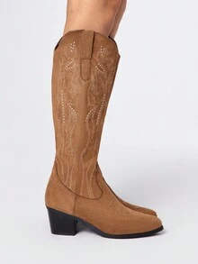 ROMWE Kawaii Botas occidentales de mujer con diseño hueco de alas de mariposa bordadas en marrón, nuevas botas de piel por encima de la rodilla para primavera/otoño - Caqui - Ver 4