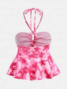 Tween Girl Pink Tankini Swimsuits,Tie Dye Floral Print Boho Summer Beach Vacation Bathing Suit,Drawstring Ruched Halter Backless Snug Fit Tank Top - Watermelon Pink - View 2