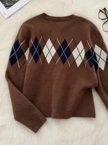 Muvela 女士钻石纹拼色单排扣圆领针织开衫，复古学院风，返校季，秋季，温暖舒适，百搭，复古别致，适合日常出游，约会，下午茶，朋友聚会 - 咖啡棕 - 查看 2