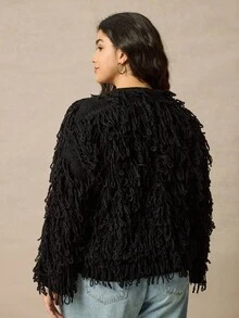 Juhart 大码纯色流苏开衫，适合通勤 - 黑色 - 查看 2