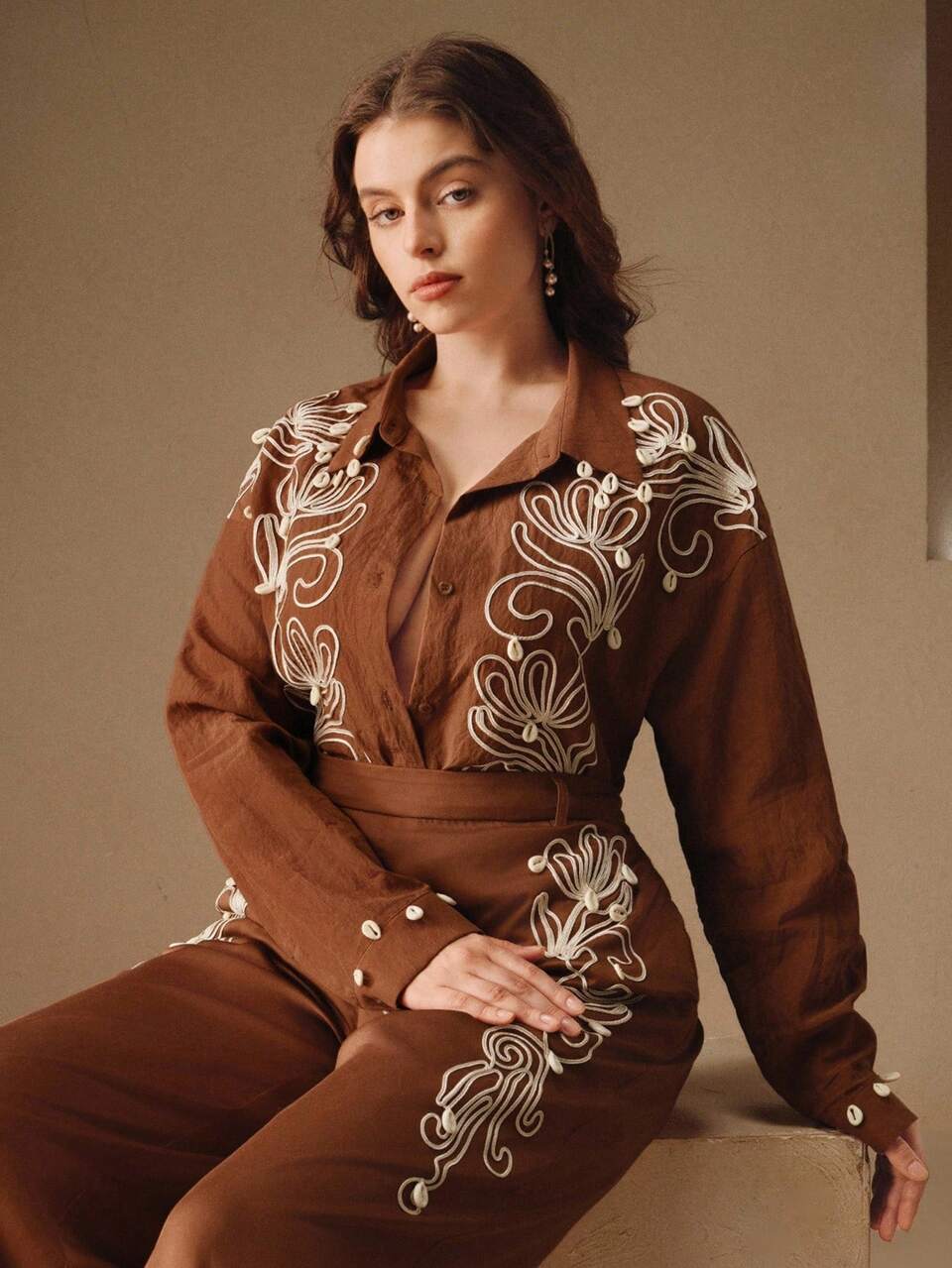 Anewsta Women's Elegant High-Quality Embroidered Floral Shell Decor Formal Long Sleeve Blouse