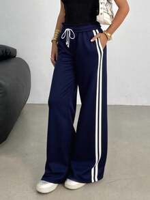 SHEIN Teen Girls Navy Blue Loose Casual Sweatpants, Solid Color Fashion Sports Pants, Contrast Color Ribbon Decor, Reversible Waistband Design, Comfortable Campus Style Pants, Simple Solid Color Loose Sweatpants Wide Leg Sweatpants Navy Blue Sweatpants Track Pants Comfy Sweatpants Comfy Pants