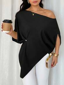 Rafferiza 优雅、日常休闲百搭，性感斜肩设计，不对称剪裁，落肩袖，腰部褶裥，绿色女士春夏上衣，衬衫，不对称肩部上衣 - 黑色 - 查看 4