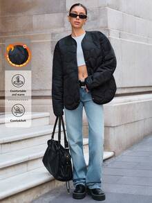 EURMUSE Short Winter Coat With Quilting Details, Two Pockets Button Front Fashionable Padded Coat - Black - View 6