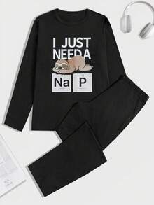 RueChic 棉质男士字母印花常规长袖T恤家居服套装