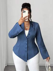 Maweii Plus Size Women Deep V Sexy Bodycon Long Sleeve Blouse, Elegant Office Wear For Spring & Autumn - Blue - View 1