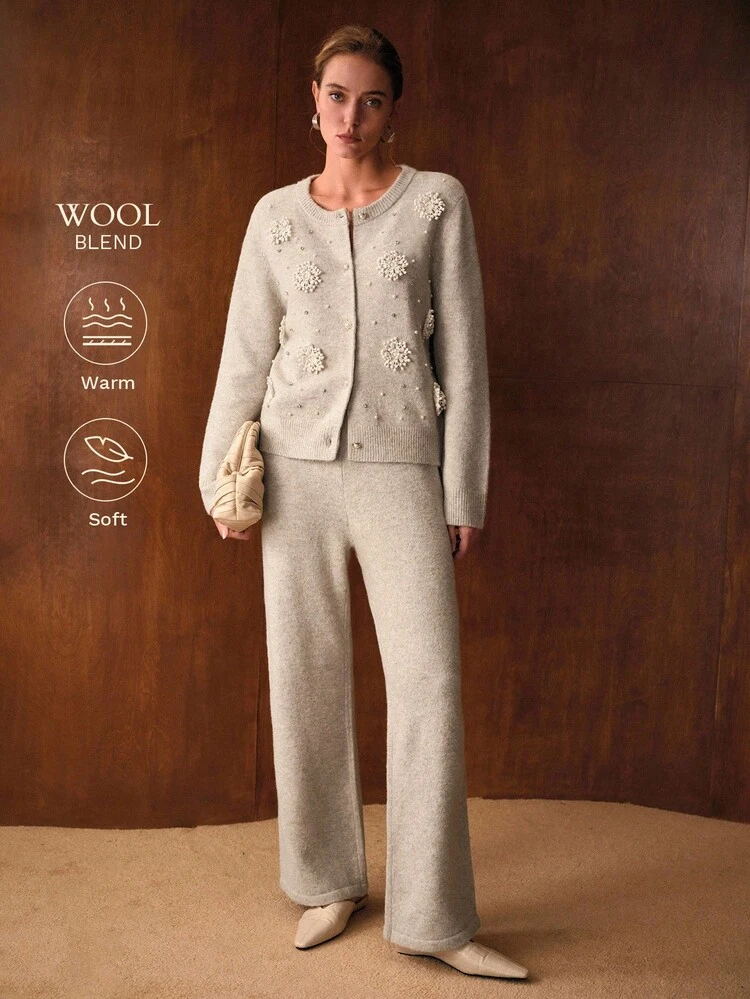 RHINESTONE AND FAUX PEARLS STEREO FLOWER DETAIL CARDIGAN & SWEATER PANTS SET