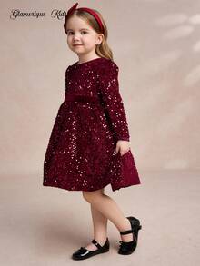 Girl's Princess Dress, Red Dress, Sequins, Long Sleeves, Fluffy Dress, Partywear, Birthday Dress, New Year's, Birthday Party, Wedding Holiday Dress Dress, Houfu Big Bow, Gorgeous Dress Dress, Middle East, Europe And America - Red - View 4