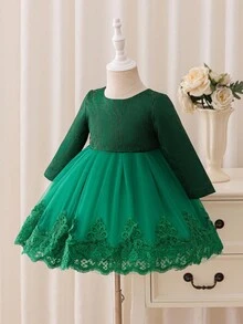 Glamorique Kids 圣诞节女婴连衣裙、冬季派对连衣裙、圣诞老人连衣裙、新年连衣裙、秋季连衣裙 - 女婴蕾丝网眼泡泡袖公主裙，背部饰有大蝴蝶结，翠绿色 - 綠色 - 查看 8