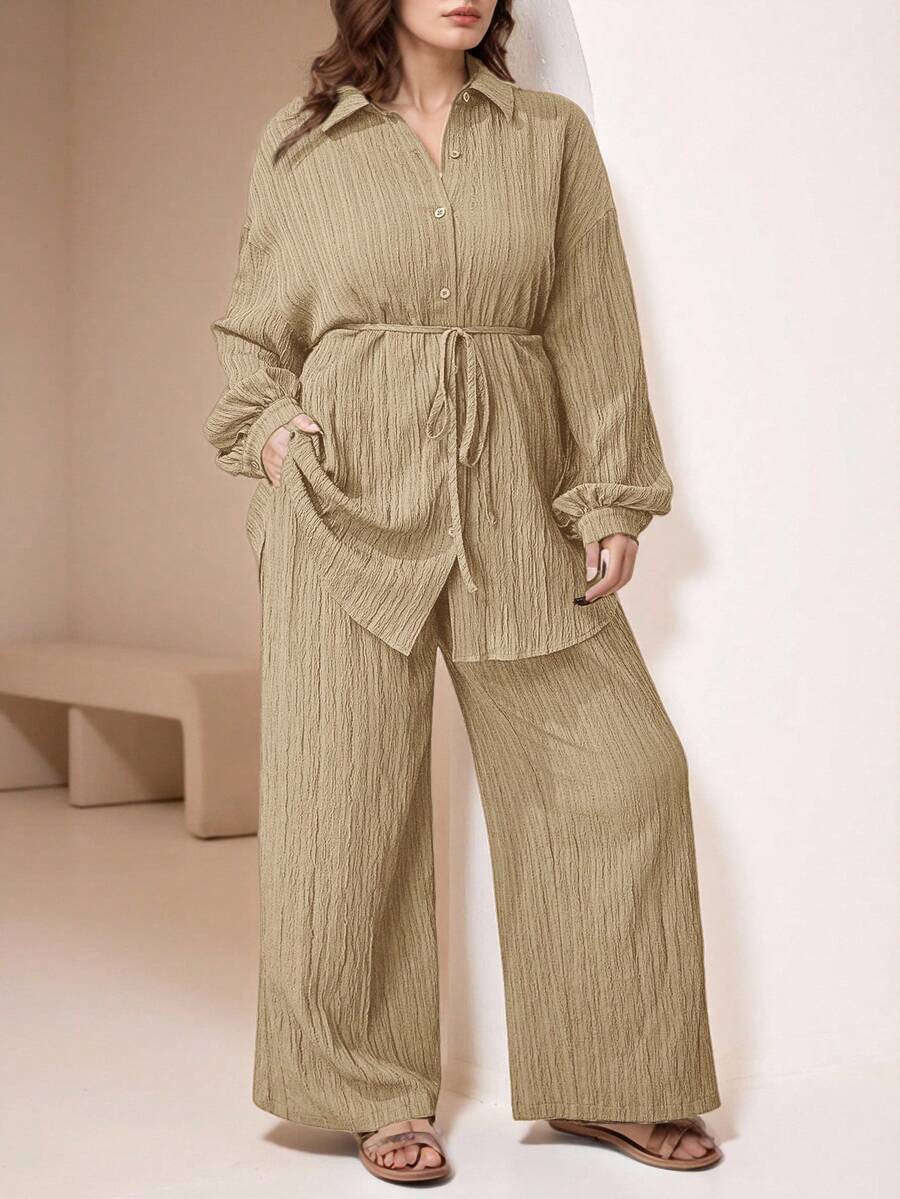 Veilorie Bộ 2 món áo sơ mi và quần dài tay cài nút phía trước cỡ lớn đơn giản - Màu Khaki - Xem 1