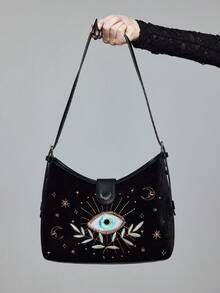 ROMWE Fairycore Women's Casual Shoulder Bag With Eye Embroidery Design, Suitable For Daily Commute - Black - View 3