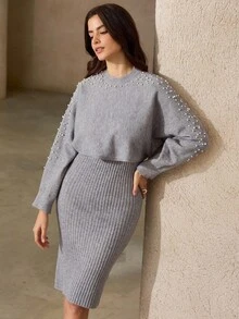 GENKIRA 2pcs Set: Beaded Long Sleeve Top & Slip Dress - Grey - View 5