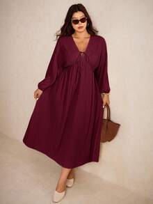 Elaquor Vestido de manga farol de unicolor para talla grande, casual y de uso diario - Burdeos - Ver 5