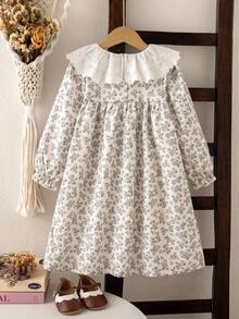 SHEIN Genkimix Kids 1 件女童少女碎花宽松长袖连衣裙，优雅领口花朵设计，秋季休闲百搭连衣裙 - 杏色 - 查看 2