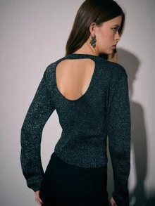 Nöista بلوزة محبوكة قصيرة مع ياقة طاقم، جسم مطابق ونهاية لامعة بلمعان خفيف - طبقة خارجية لامعة وعملية للخريف، مثالية مع جينز ذو خصر عالي، تنانير أو تحت البليزر للمناسبات الخروج، ليالي المواعدة، الحفلات أو المناسبات المسائية الكاجوال. - الأسود - مشاهدة 2