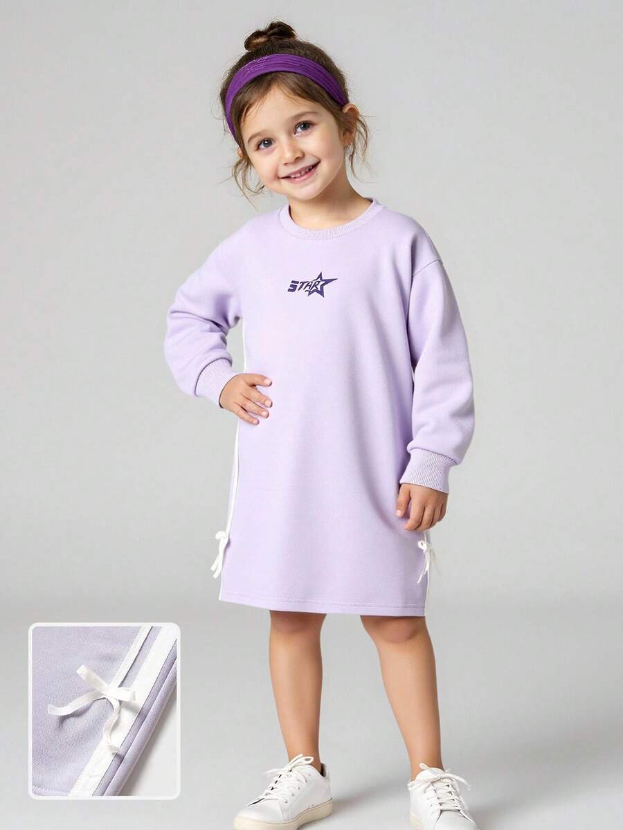 JNSQ Vêtements pour préadolescentes, robe Sweat-shirt ample à col rond et manches longues pour l'automne, robe imprimée de lettres drôles avec ceinture à nœud papillon, convient pour le port quotidien en automne et hiver, les activités extérieures, les vacances, le style de rue, les fêtes et les loisirs - Parme - Voir 1