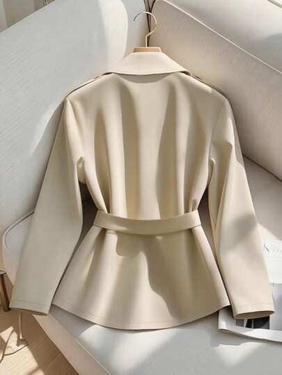 Franclia Autumn And Winter Fashion New Double-Breasted Belt Short Women's Coffee-Colored Long-Sleeved Windbreaker, Shoulder Button Decoration Large Lapel Women's Casual Windbreaker, Lightweight & Stylish, Business Casual Women, Going Out , Women's Winter , Women's Winter Coat, Country Concert, Classy For Women, Fall For Women, Halloween Costumes For Women Women's Winter Coat Autumn For Women Fall For Women Autumn For Women Winter For Women