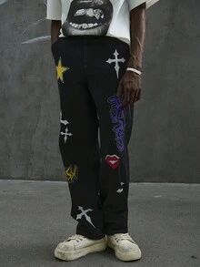 Manfinity ZONE917 Men's Casual Loose Fit Colorful Graphic Print Black Straight Leg Jeans,Streetwear Summer City Break Y2K Vintage Washed Star Wide Leg Distressed Jeans - Black - View 3