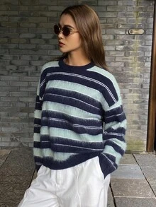 DAZY Contrast Stripe Fuzzy Loose Crew Neck Long Sleeve Casual Street Style Knit Sweater For Women, Autumn/Winter