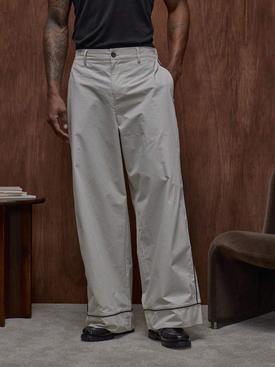 Men Baggy Oversized Premium Contrast Binding Trouser Button Up Detailing Bottom Only Fall/SPRING SUMMER
